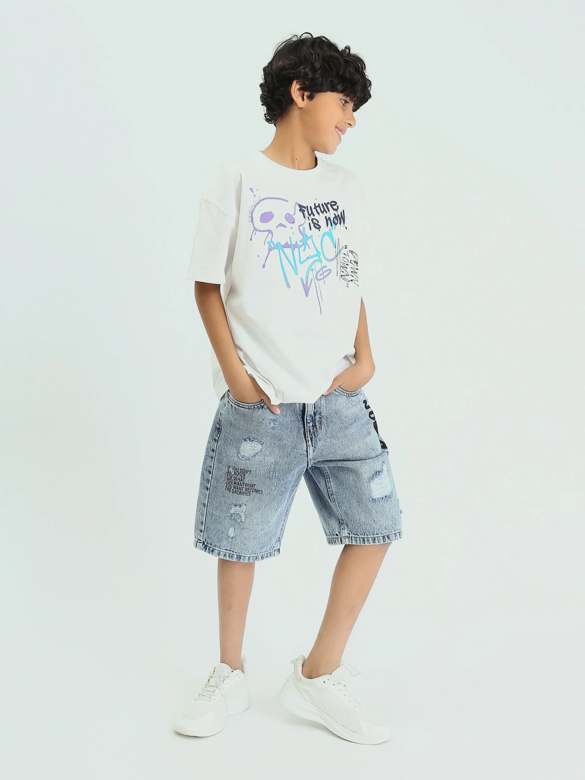 Short en Jean Garçon Délavé avec Imprimé "ND" – Style Urbain et Confortable - SHR25SDSP30207TB1 – Image 6