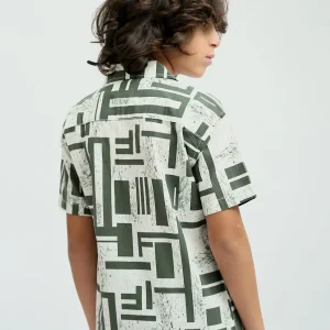 Chemise garçon à manches courtes imprimé géométrique vert olive - SSH24SASC31132TB1