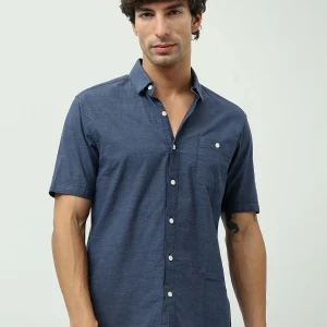 Chemise homme à manches courtes bleu foncé au design casual élégant – SSH24SEOR19499TM1