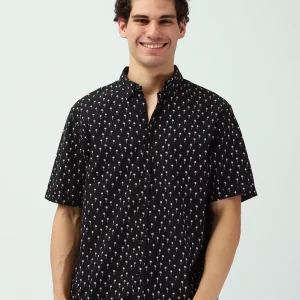 Chemise pour homme à manches courtes noire avec impression de palmier blanche - SSH25SAER16141TM1