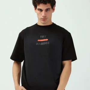 T-shirt noir homme avec imprimé "TRY HARDER" – Style sportif et motivant - TSH25SBRS20527TM1