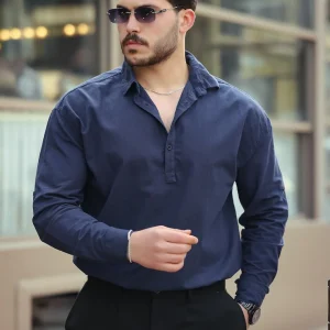 chemise homme col demi‑patte coton long manches