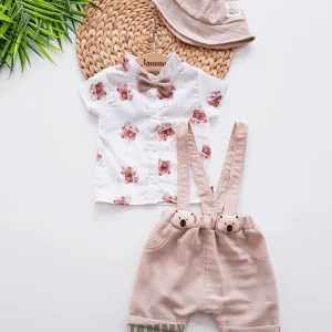 Ensemble Bébé Salopette et Chemise avec Chapeau Motif Ourson