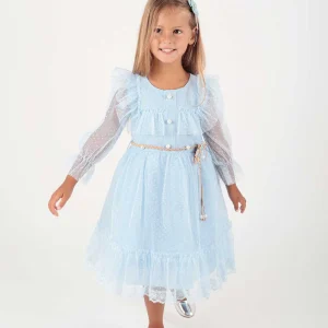 Robe de Soirée Fille en Tulle et Dentelle avec Ceinture à Boucle