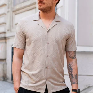 Chemise homme beige à motif jacquard manches courtes coupe relax