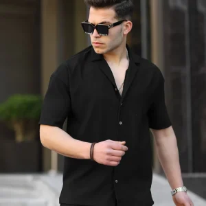 Chemise homme côtelée col bowling manches courtes noire-31769