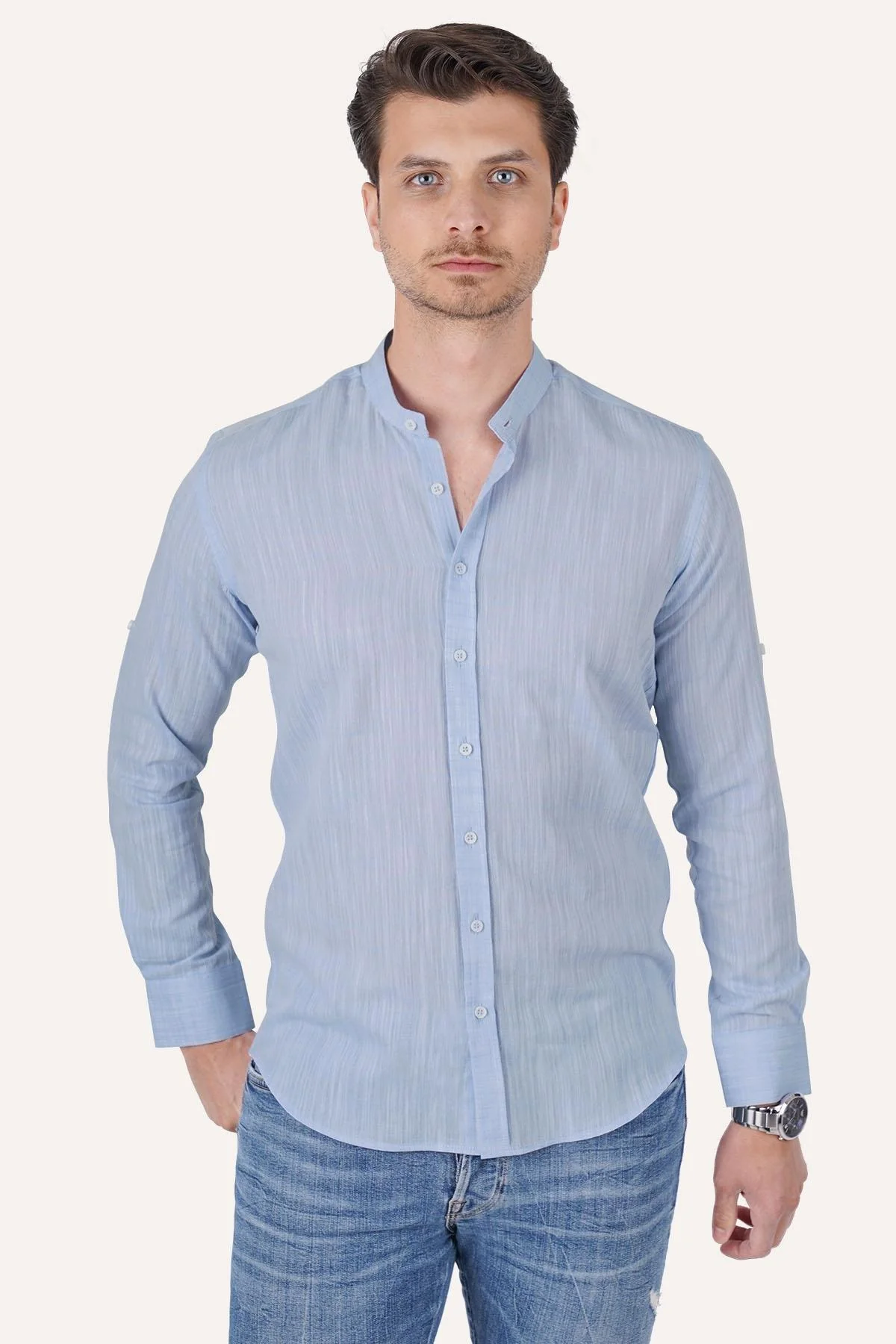 Chemise homme slim fit en lin bleu col mao en coffret – Image 5