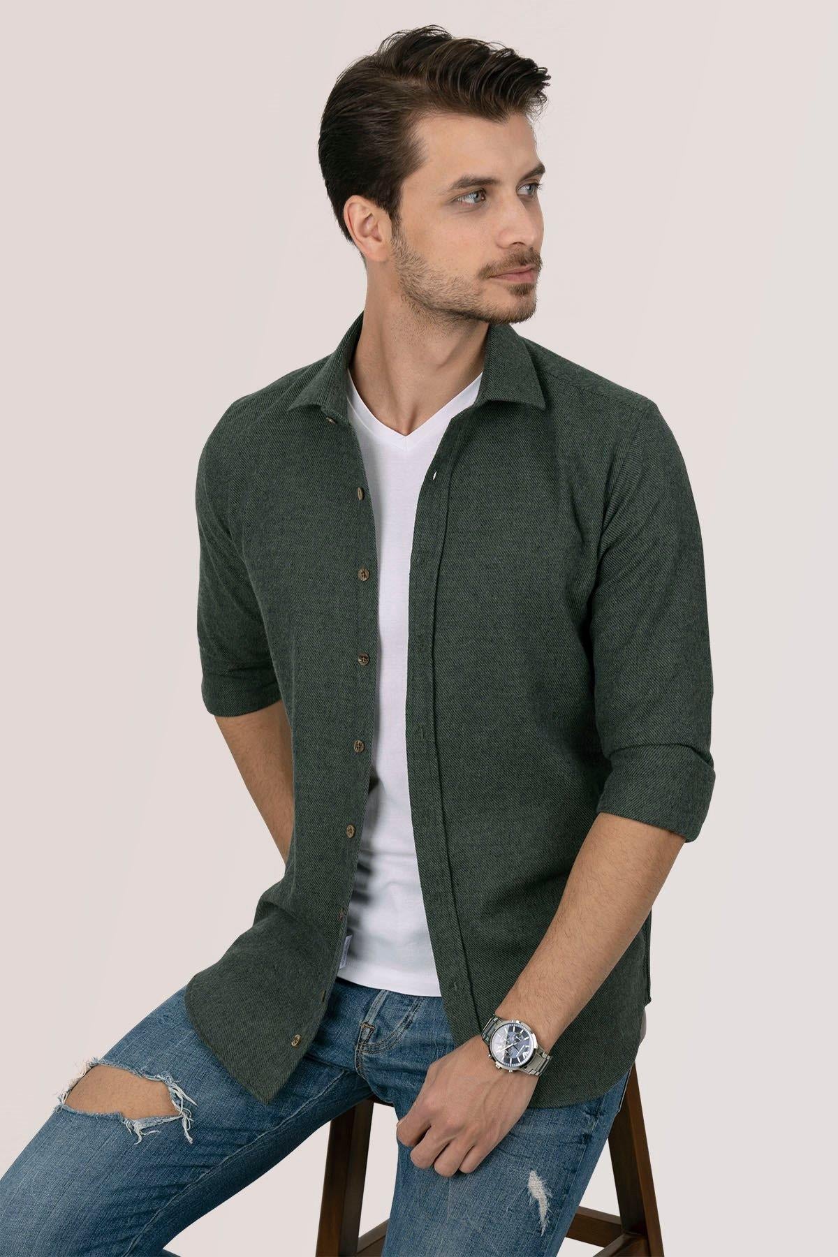 Chemise homme slim fit bûcheron vert foncé en coton-6489
