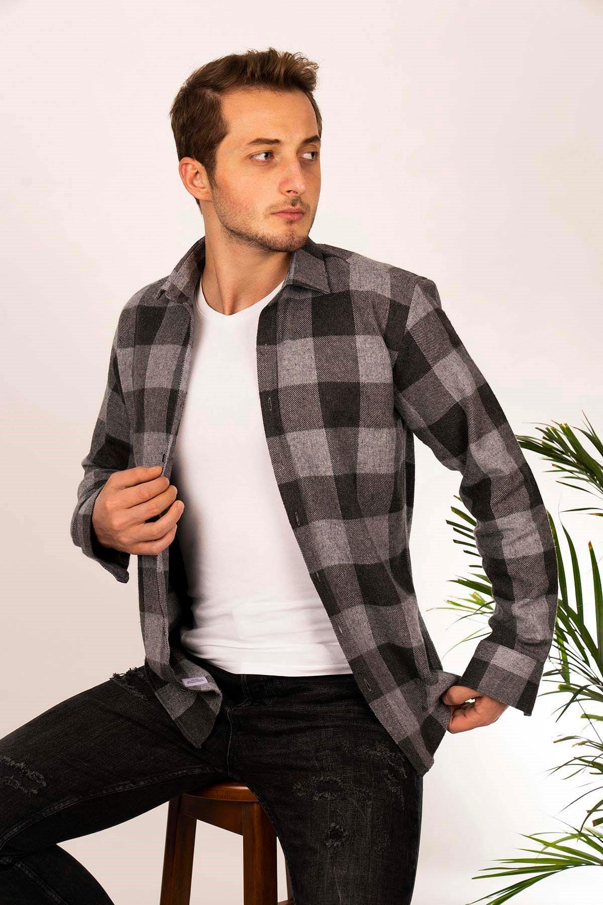 Chemise homme slim fit à carreaux noir et gris anthracite