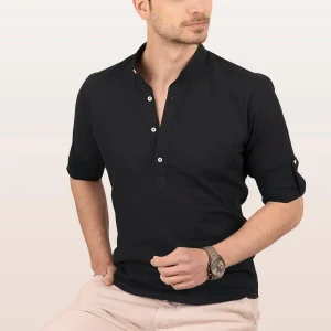 Chemise homme slim fit en lin noir col mao trois boutons