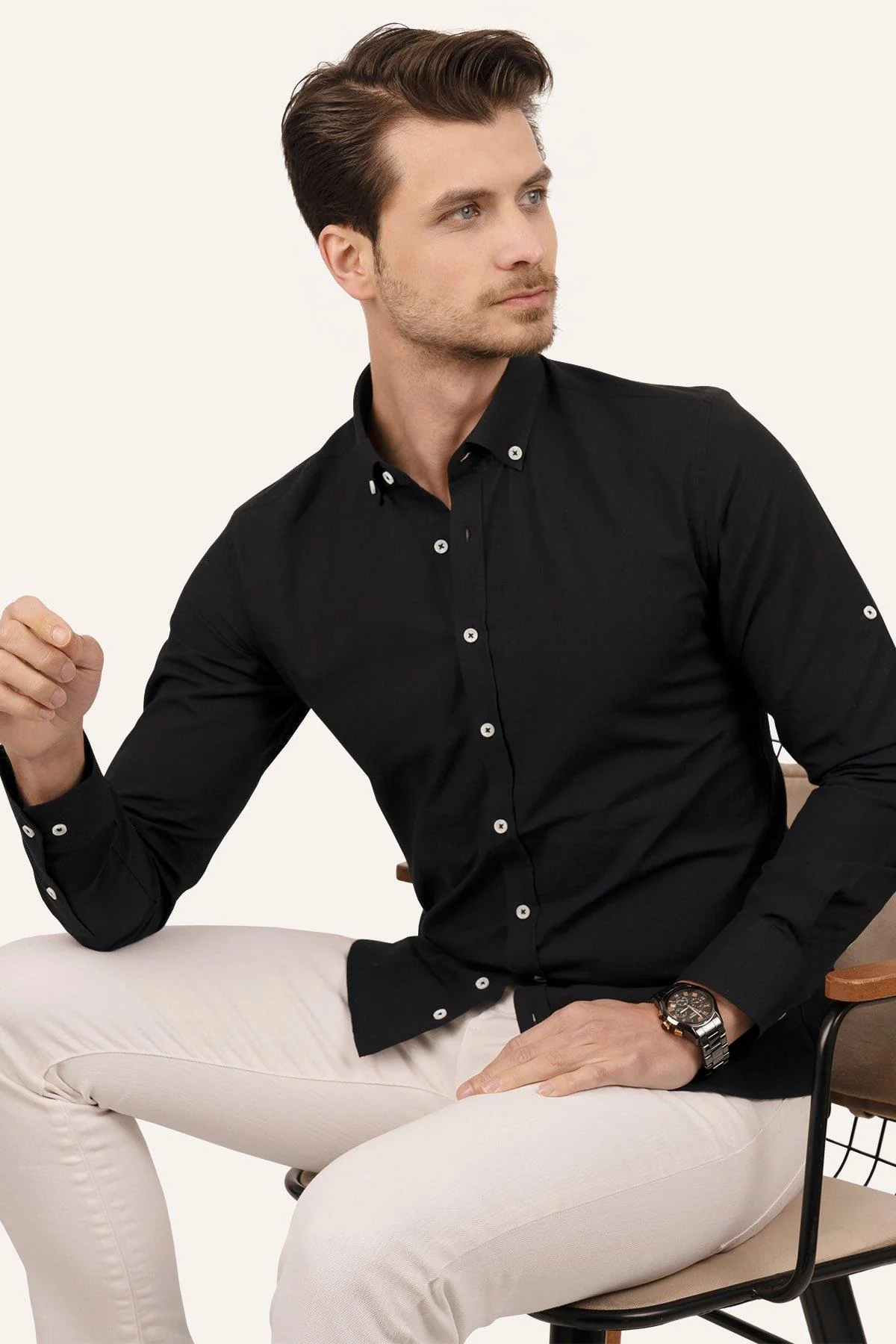 Chemise homme slim fit en lin noir col boutonné-6543 – Image 3