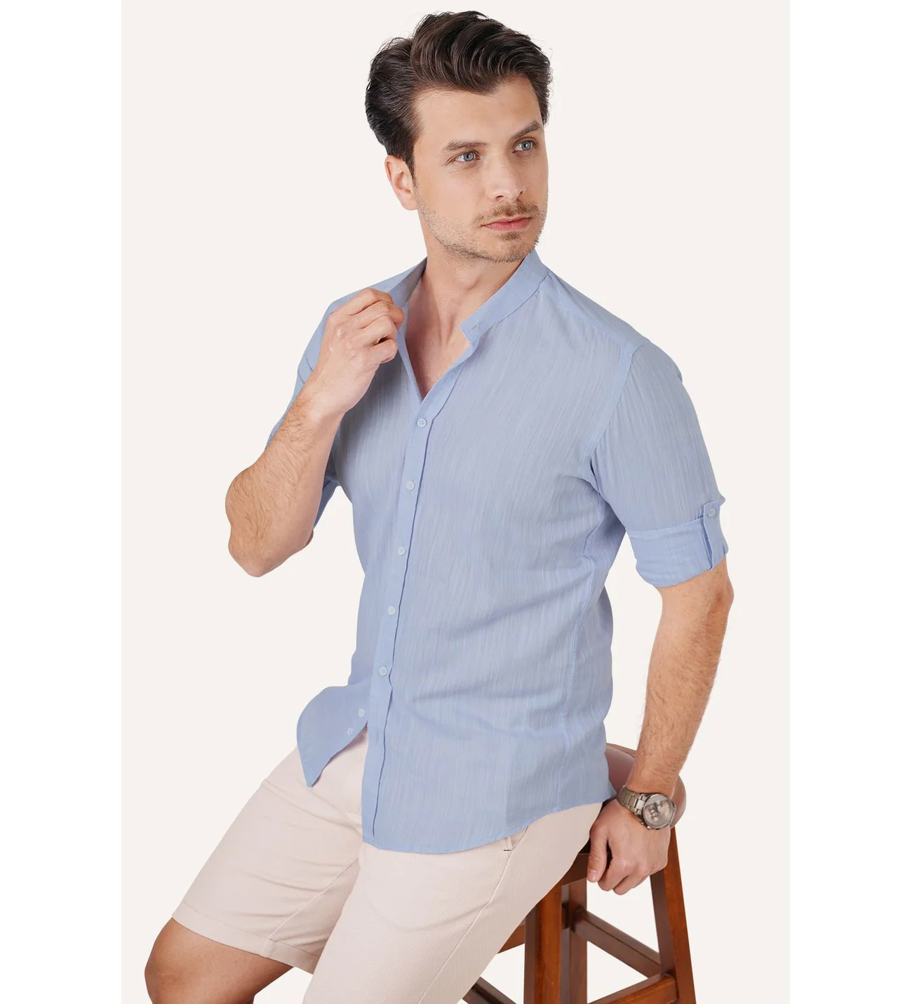 Chemise homme slim fit en lin bleu col mao en coffret – Image 3