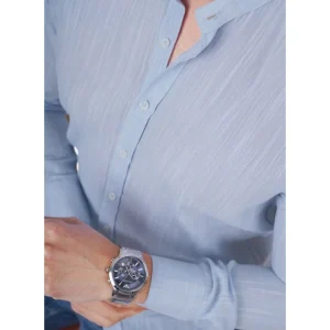 Chemise homme slim fit en lin bleu col mao en coffret