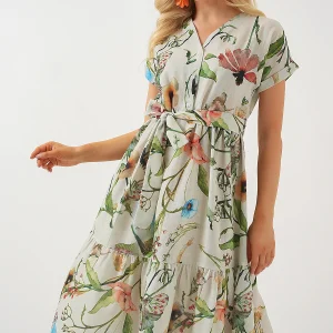 Robe femme à motifs manches courtes en viscose et lin 2558