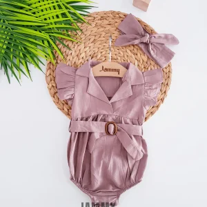 Barboteuse bébé fille en lin avec ceinture Olivia