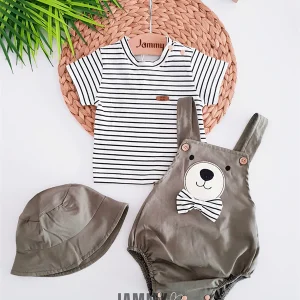 Ensemble bébé garçon 3 pièces t-shirt rayé salopette ours et chapeau