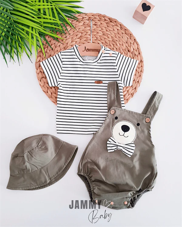 Ensemble bébé garçon 3 pièces t-shirt rayé salopette ours et chapeau