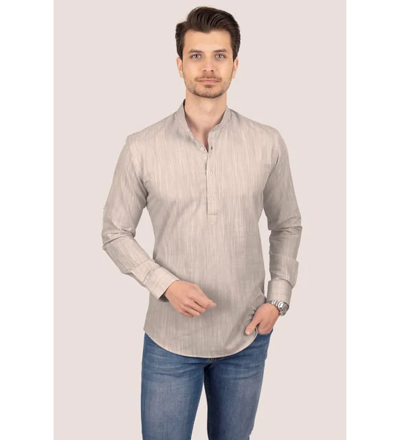 chemise homme col mao lin slim fit café au lait – Image 3