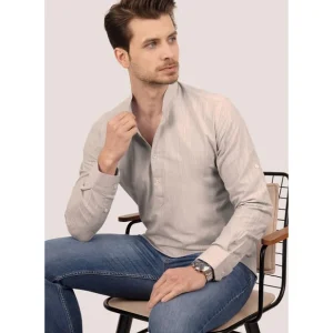chemise homme col mao lin slim fit café au lait