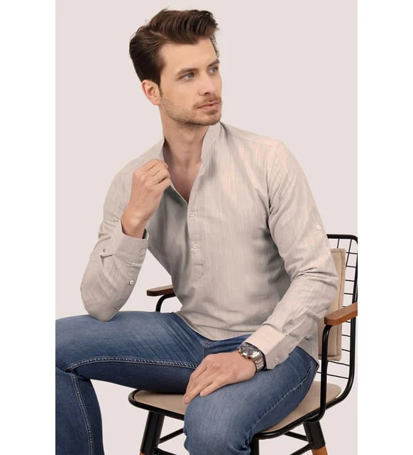 chemise homme col mao lin slim fit café au lait