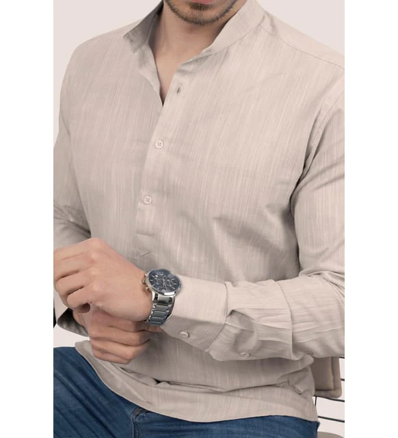 chemise homme col mao lin slim fit café au lait – Image 4