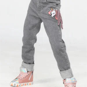 Jean Enfant Gris Délavé Élastique avec Broderie Licorne 3D