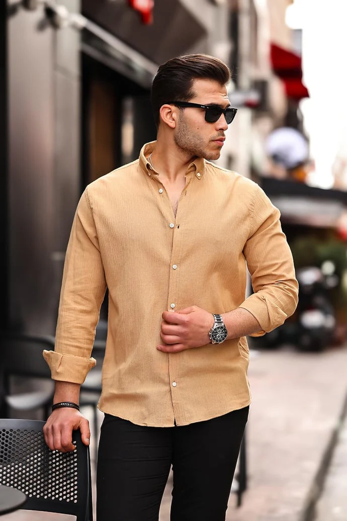 Chemise homme en coton lin froissé manches longues