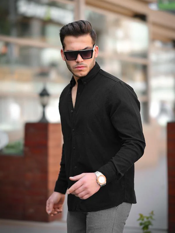 Chemise homme en coton lin froissé manches longues – Image 3