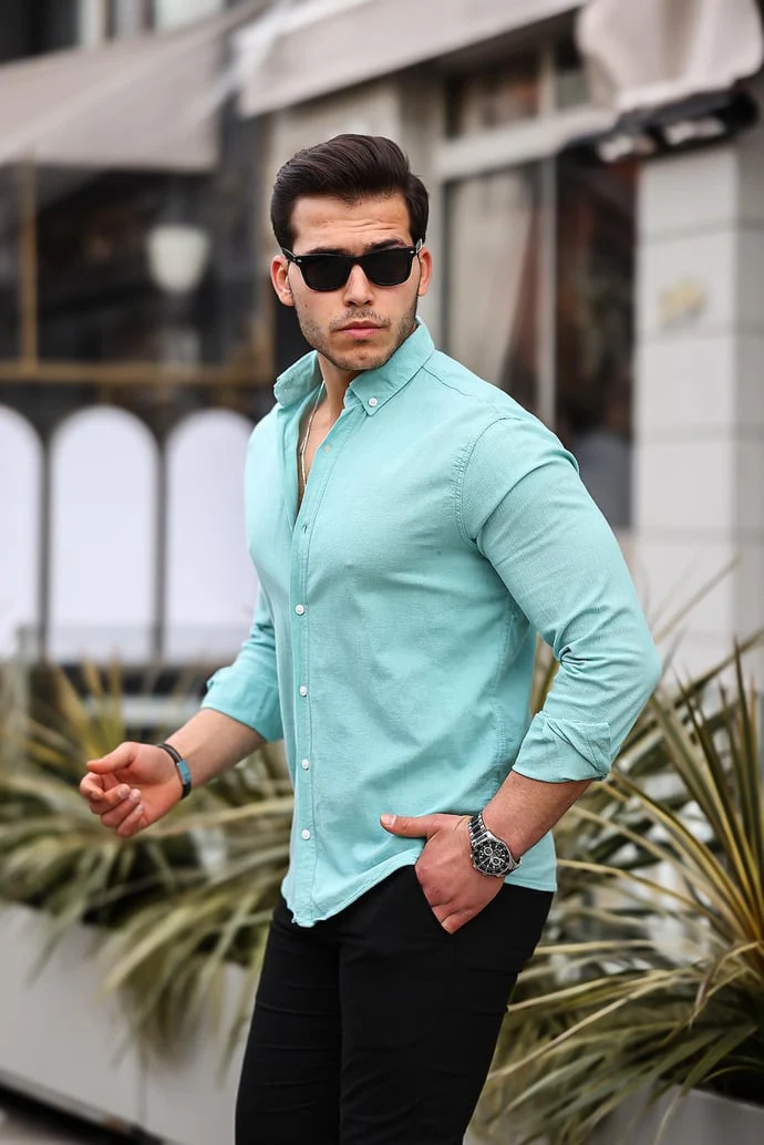 Chemise homme en coton lin froissé manches longues – Image 7