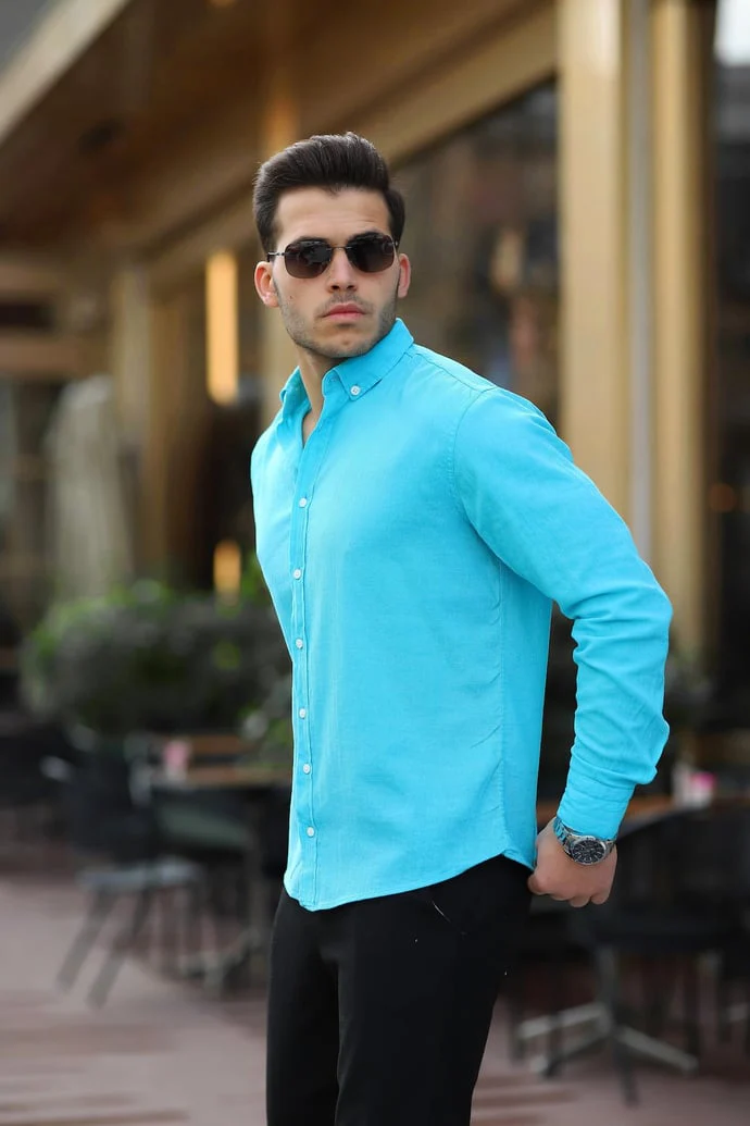 Chemise homme en coton lin froissé manches longues – Image 9